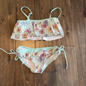 Limeapple Bikini Girls Size 7 Mint Green Floral Striped Excellent Ruffle 2PC